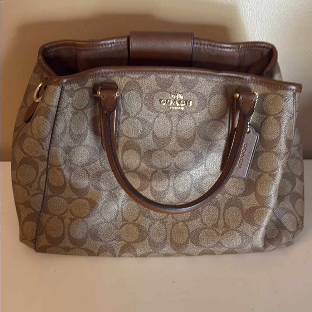 Coach Brown Monogram Tote with Leather Trim